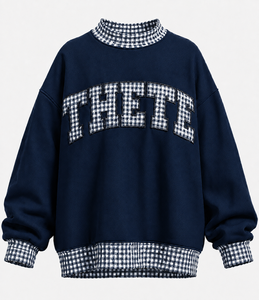 Custom Women Oversized Mockneck Sweatshirt Heavyweight Gingham Plaid <b>Patchwork</b> Casual Varsity Streetwear <b>Top</b> - Product Image 6