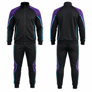 Conjunto Deportivo para Hombre, Color Negro y Morado, con Bloques de Color, Chaqueta con Cierre Completo, Pantalones Deportivos Transpirables de Poliéster para Otoño, con Bolsillos Laterales - Product Image 1