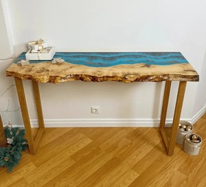 Table console en résine époxy Blue River, bois naturel à bords bruts, table d'entrée, meuble de couloir moderne fait main, table d'appoint en bois naturel - Product Image 2