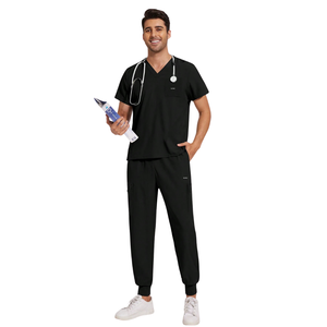 Ensemble de tenue médicale unisexe noir : Haut à manches courtes col en V et pantalon cargo jogger à taille élastique avec plusieurs poches, idéal pour les infirmières et la détection d'aiguilles. - Product Image 1