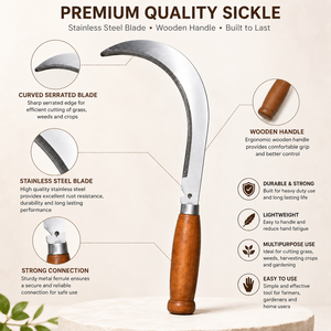 Faucille Courbe Premium en Acier Inoxydable avec Manche en Bois pour l'Agriculture, la Coupe de l'Herbe, le Désherbage, la Récolte des Cultures et les Travaux de Jardinage - Product Image 3