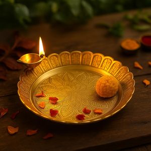 Brass Pooja Plate Puja Small Aarti Thali Traditional Handcrafted Brass Puja Thal for Home <b>Mandir</b> Office - Product Image 3