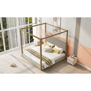 <b>King</b> Size Beige Upholstered Canopy <b>Platform</b> <b>Bed</b> with Headboard and Metal Frame - Product Image 6
