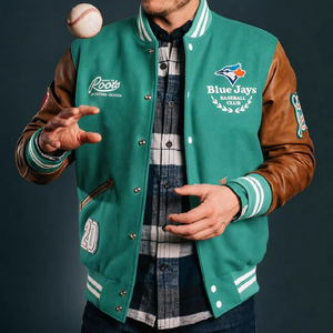 Blouson universitaire de baseball personnalisé à un bouton avec col rayé, en polyester tendance, idéal pour les couples, polyvalent, directement de l'usine - Product Image 6