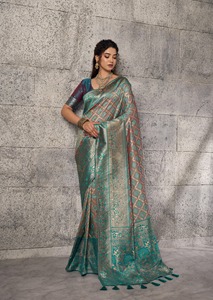 Traditional Indian <b>Silk</b> Saree Women Banarasi Zari Border Wedding Party Wear <b>Green</b> Gold Designer Ethnic Blouse Floor Length - Product Image 1