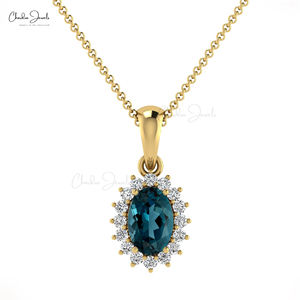 Minimalist 6x4mm Brilliant Cut London Blue Topaz & Natural Diamond Fine Pendant 14K Solid Gold Gemstone Jewelry Lot for Women - Product Image 3