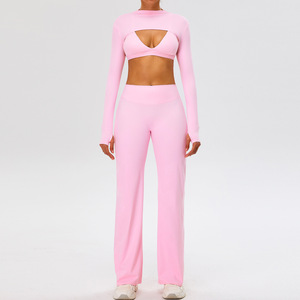 Ensemble de sport yoga trois pièces pour femme en nylon, avec logo frontal uni, séchage rapide, pantalon taille haute élastique effet push-up et crop top moulant sexy - Product Image 4