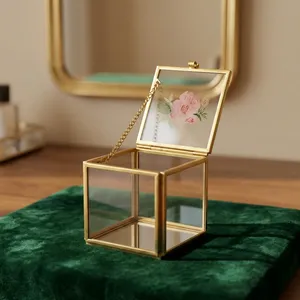 Artisan Design Modern <b>Square</b> Glass & Brass Jewelry Box with Gold Frame Decorative Storage for Vanity Dressing Tabletop Use - Product Image 1
