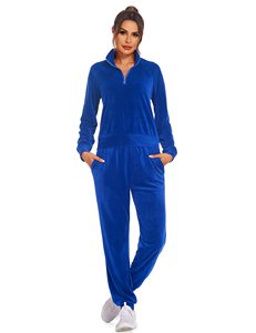 Survêtement en velours de haute qualité pour femmes, tissu extensible 280 GSM, couleur bleue, logo en strass, ensemble personnalisé, tailles plus grandes - Product Image 3