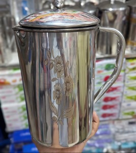Stainless Steel Water Jug with Floral Design Lid Classic Home <b>Drinkware</b> <b>Accessory</b> Reusable Metal Pitcher - Product Image 3