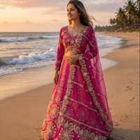 Lehenga Choli de seda premium semisellado de dos tonos con falda de 3.5 metros, bordado elaborado y lentejuelas.