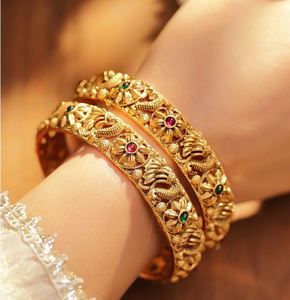 18K Gold Plated Polki Flower Pattern Bangles with Pearl Inlay Vintage Style Women's <b>Wedding</b> Jewelry - Product Image 1