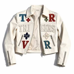 Women’s Premium <b>White</b> Leather <b>Jacket</b> Custom Embroidered Patch Cropped Fashion <b>Biker</b> <b>Jacket</b> OEM ODM Manufacturer - Product Image 4