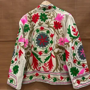Elegant Ivory <b>Velvet</b> Floral Embroidered Suzani <b>Jacket</b> Full Sleeve Stand Collar Handmade Bohemian Winter Outerwear - Product Image 5