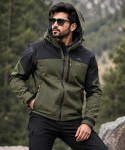 <b>Men's</b> Hooded Winter Softshell <b>Jacket</b> Color Blocking <b>Waterproof</b> Zipper Closure Sporty Outdoor Wear <b>Green</b> Black - Product Image 3
