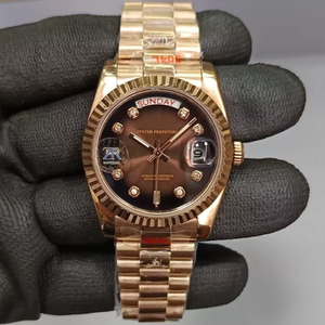 Reloj Mecánico de Oro Rosa de 36 mm, Esfera Chocolate Sunray, Marcadores de Hora con Diamantes, Cierre Oculto, Lujo, Estilo Hip Hop, Vintage, Alta Calidad - Product Image 1