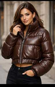 Veste matelassée marron pour femme, manches longues, col montant, fermeture éclair, couleur unie, vêtement d'hiver, longueur courte - Product Image 4