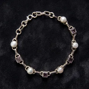 Classic 925 Silver <b>Chain</b> Bracelet With Freshwater Pearls And Amethyst Bezel Set Geometric Links For Women's Everyday Wear - Product Image 2