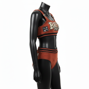 Conjunto de Bikini para Mujer de Alta Calidad en Nylon y Spandex GSM, Color Marrón Óxido con Rayas Negras, Panel con Parche de Chenilla y Logotipo Personalizado - Product Image 3