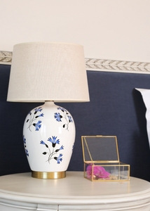Ceramic Cream Floral Bird Table <b>Lamp</b> with Linen Shade 2700K Warm White LED Traditional Design Bedside Nightlight <b>for</b> <b>Bedroom</b> - Product Image 1