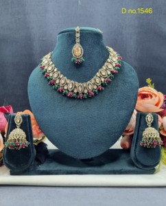 Marquise Cut Stone Studded Antique <b>Gold</b> Plated Necklace <b>Set</b> With Jhumka Earrings And Mang Tika Fashion Jewelry <b>Sets</b> Manufacturer - Product Image 4