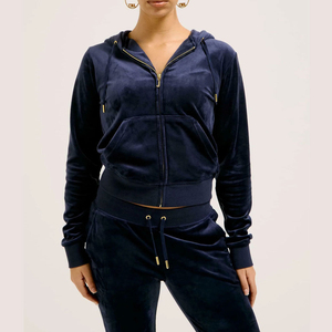 Women's Navy <b>Velvet</b> Tracksuit Set Hooded Zip Up Jacket and <b>Jogger</b> Pants Casual Sporty Outfit - Product Image 4