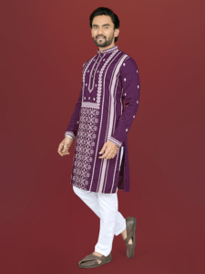 <b>Men's</b> Purple Cotton <b>Kurta</b> With White Embroidery Regular Fit Ankle-Length Traditional Indian Pakistani Casual Wear - Product Image 2