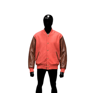Chaqueta Varsity Personalizada de Satén, Color Rosa Coral, Mangas de Cuero Marrón, Chaqueta Bomber de Béisbol Premium, Moda Masculina, Estilo Universitario - Product Image 1