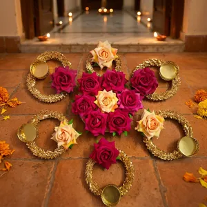 Artificial Rose Tealight Candle Holder Set Golden <b>Leaf</b> Rings Luxury Handicraft Eco-Friendly Floral Rangoli Decor Diwali Wedding - Product Image 1