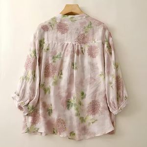 Chemise boutonnée à imprimé floral rose clair pour femme, avec col mandarin et coupe décontractée, manches 3/4 - Product Image 3