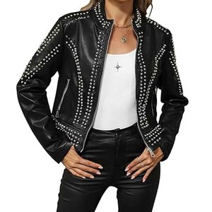 Women Studded Biker Leather <b>Jacket</b> <b>Punk</b> Rock Style Black Motorcycle <b>Jacket</b> PU Leather OEM Custom Wholesale Supplier - Product Image 4