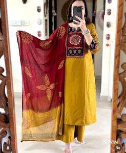 Cotton Embroidered <b>Kurti</b> Pant Set Women Ethnic Straight <b>Indian</b> Pakistani Top and Dupatta Casual All Season - Product Image 4