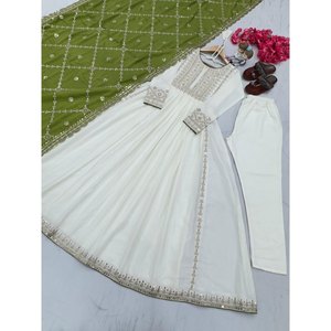 DESIGNER CHINON SOIE BRODERIE SÉQUENCE TRAVAIL ROBE BAS AVEC DUPATTA PERROQUET VERT - Product Image 4