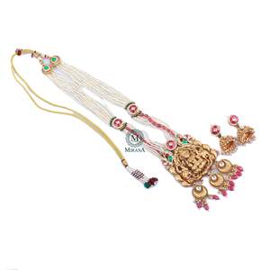 Dhanya Antique Gold Plated Designer Long <b>Necklace</b> <b>Set</b> with Zircon <b>Earrings</b> for <b>Bridal</b> & Festival - Product Image 4