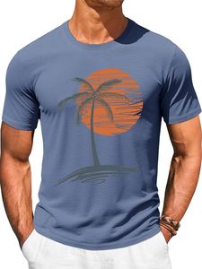 Camiseta de Manga Larga Azul para Hombre, Estampado de Palmeras al Atardecer, Cuello Redondo, Estilo Casual, 100% Algodón Jersey, Estampado Digital - Product Image 1