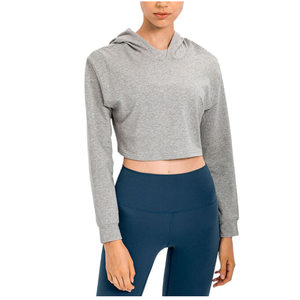 Sweat-shirt court à capuche gris pour femme, manches longues, couleur unie, tricoté, respirant, style décontracté d'hiver - Product Image 1