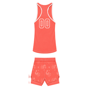 Coral Red White <b>Swim</b> Set Sleeveless Racerback Tank <b>Top</b> with Matching Shorts Lightweight Quick Dry Training Performance Swimwear - Product Image 2
