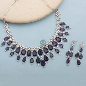 Elvi Lavender Designer Necklace Set-Gold Plated Fashion Jewelry with Zirconia for Wedding - Product Image 1