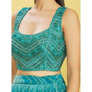 Robe de soirée bleue en organza avec travail de miroir, Lehenga Choli pour les mariages - Product Image 3