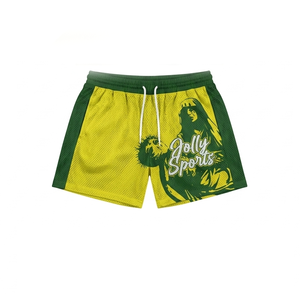 Shorts de malla de poliéster premium de 160 GSM con panel de camuflaje verde, transpirables, sublimados, con logo personalizado para hombre. - Product Image 3