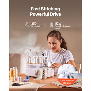 Macchina da Cucire Overlock con 1250 Punti al Minuto, Luce LED, Piedini a Forte Aspirazione, Capacità 2-3-5 Fili per Overlock - Product Image 4