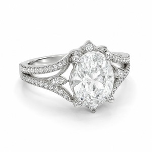 Anillo de compromiso de oro blanco macizo de 9K personalizado con diamante ovalado de laboratorio de 1, 2 o 3 quilates, diseño vintage de hoja con tallo dividido, joyería de boda - Product Image 5