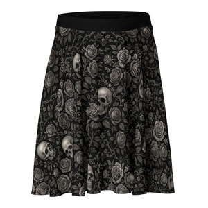 Gothic Skull and Rose <b>Print</b> Women's Skirt - Dark Alternative Flared A-Line <b>Mini</b> Skirt - Halloween Fashion - Product Image 2