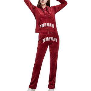 Custom Women Winter Solid Lace <b>Velvet</b> Zipper Tracksuit Hooded <b>Jacket</b> & Wide Leg Pants 2-Piece Sportswear Zipper Tracksuit - Product Image 1
