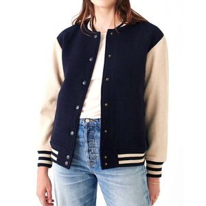Veste universitaire bleu marine pour femme, manches longues, coupe classique, col rond, simple boutonnage, en laine et polyester, couleur contrastante - Product Image 4