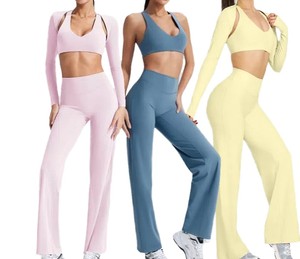 Pink 2 Piece Yoga Set V Neck <b>Crop</b> <b>Top</b> Full Length High Waist Leggings Seamless Breathable Spandex Polyester - Product Image 3