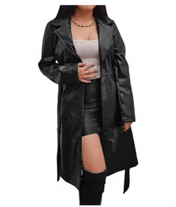 Plus Size Women s Long Faux Leather Trench Coat Solid Color Full Sleeve Notched Collar Autumn Outerwear Casual Style - Product Image 1
