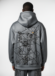 เสื้อฮู้ดดี้ผู้ชายแบบสั่งทำพิเศษ ประดับเพชรเทียม ทรงโอเวอร์ไซส์ ผ้าเฟรนช์เทอร์รี่ 500gsm สไตล์สตรีทแวร์ ล้างสีแบบแอซิดวอช หนักแน่น ทรงพูลโอเวอร์ รับผลิตแบบ OEM - Product Image 4