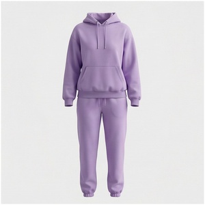Women's Hooded Sweatshirt and <b>Jogger</b> Tracksuit Set 100% Cotton Midweight Casual Solid Color Full Sleeve Drawstring Pocket - Product Image 1
