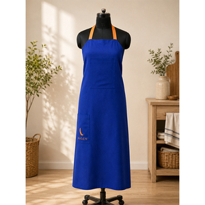 Premium Linen <b>Apron</b>, Royal Blue Linen Bib <b>Apron</b> with Orange Contrast Neck Straps & Double Front Pockets Adjustable <b>Kitchen</b> <b>Apron</b> - Product Image 1